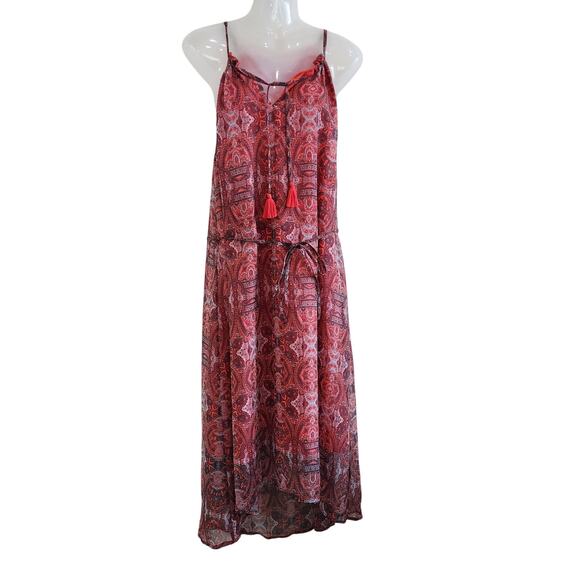 Lucky Brand Paisley Chiffon Overlay Hi Low Tassel Belted Red Size Medium - Picture 1 of 10